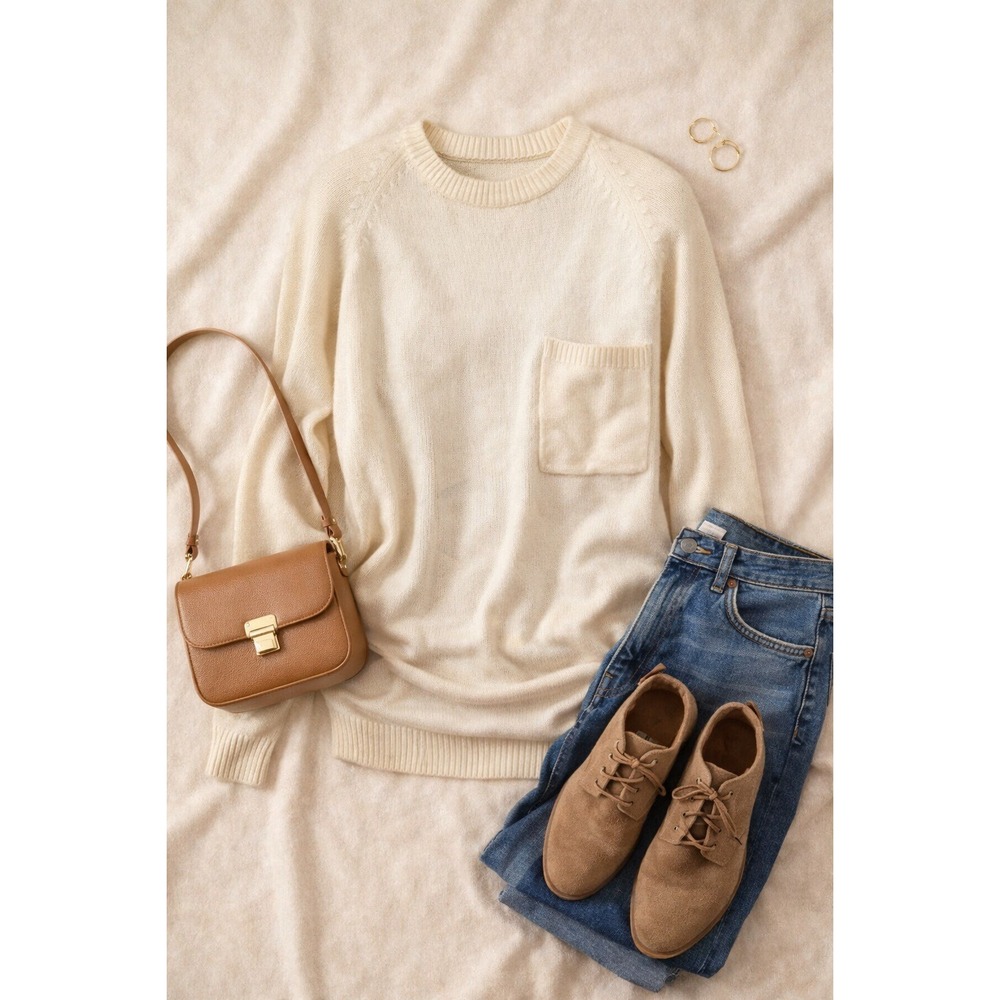 Vintage Cream Pocket Sweater Small Deadstock Ivory Knit Crewneck Retro Classic